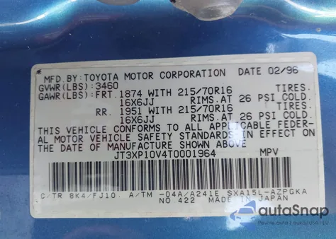 1996 Toyota Rav4 from USA, damaged, VIN JT3XP10V4T0001964